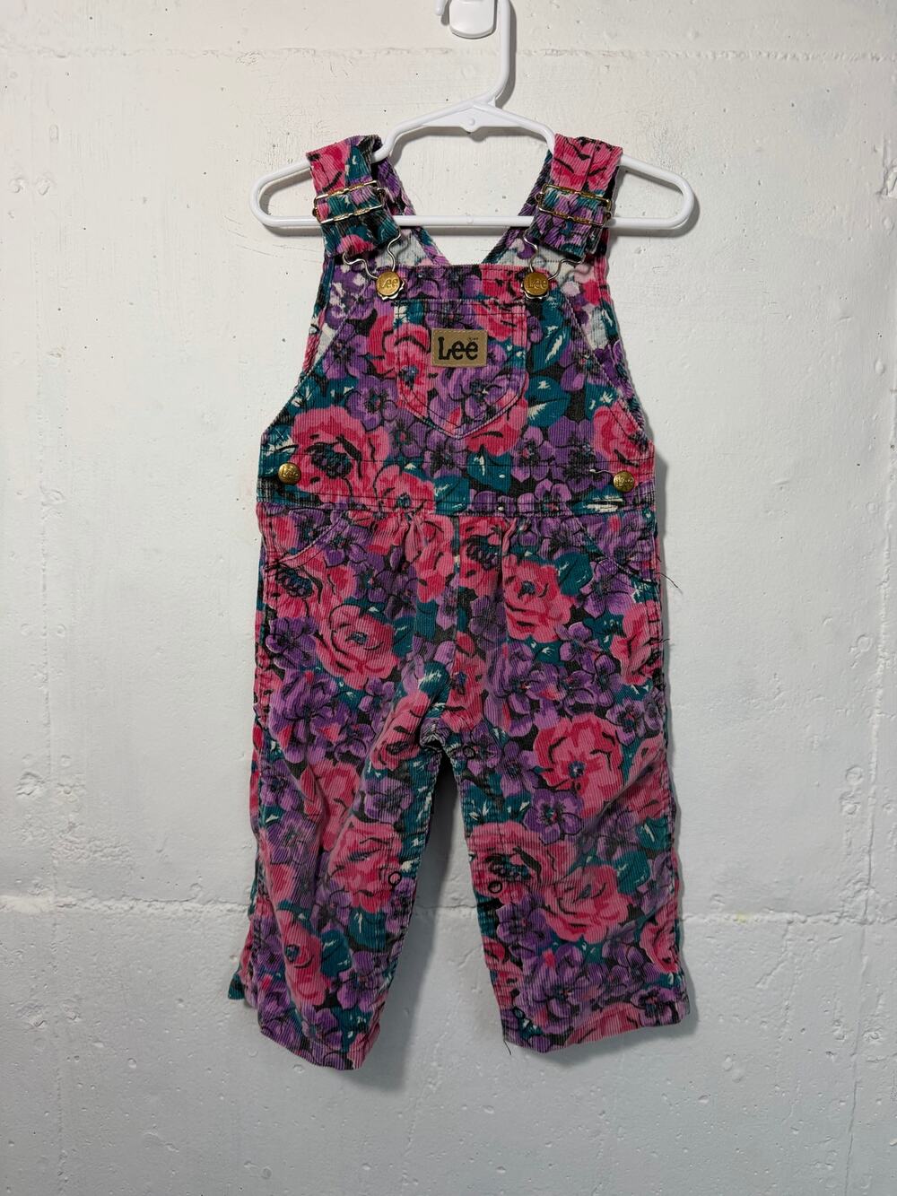 Vintage LEE Jeans Baby Girl 18 Months Chorduroy Floral Overalls Pink Purple